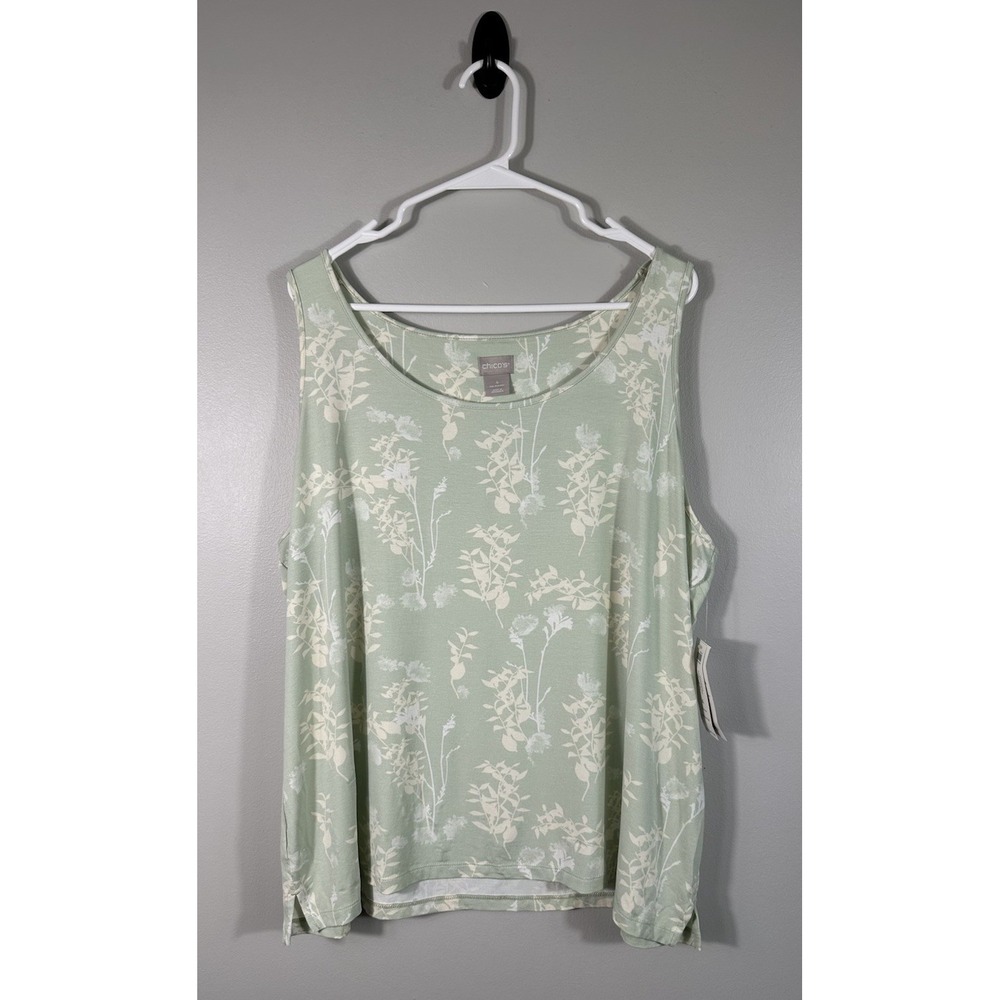 Chicos Tank‎ Top Womens 4 XXL Green Beige Floral Touch Of Cool Basic Knit